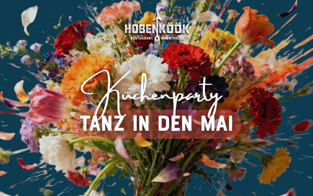 Tanz in den Mai Küchenparty mit explodierendem Blumenstrauß im Hintergrund
